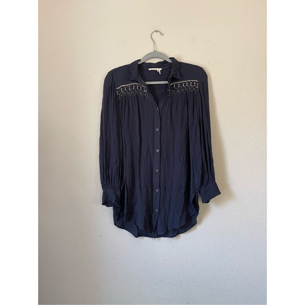 Anthropologie boho beaded oversized button up shirt size xs‎